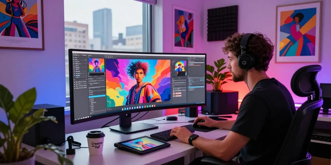 Creating AI NSFW artwork in a vibrant digital art studio filled with tools and inspiration.