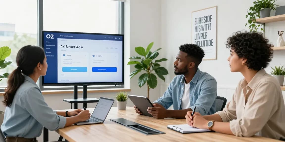 Exploring call forwarding on O2 during a team meeting in a modern UK office.