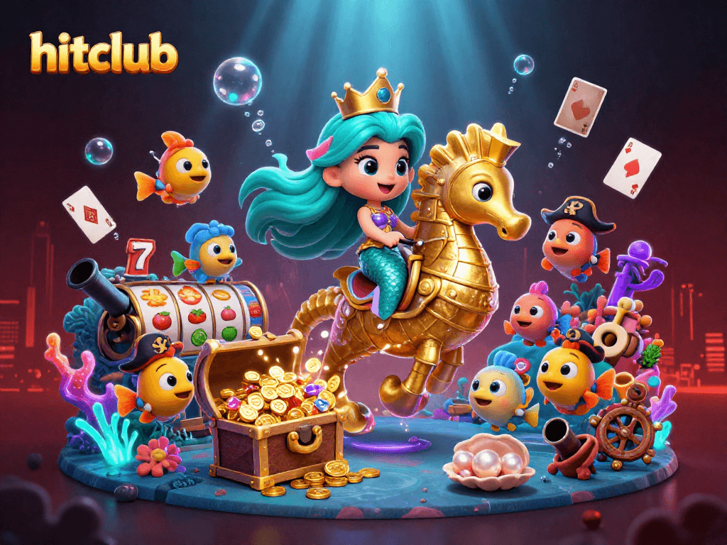 Hitclub's vibrant 3D illustration showcases a mermaid princess amidst slot themes and underwater treasure.
