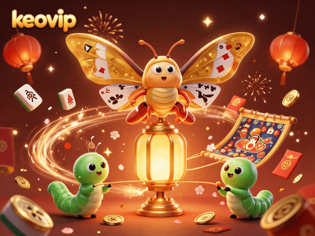Engage with keovip's vibrant casino scene, showcasing a magical atlas moth and festive elements.