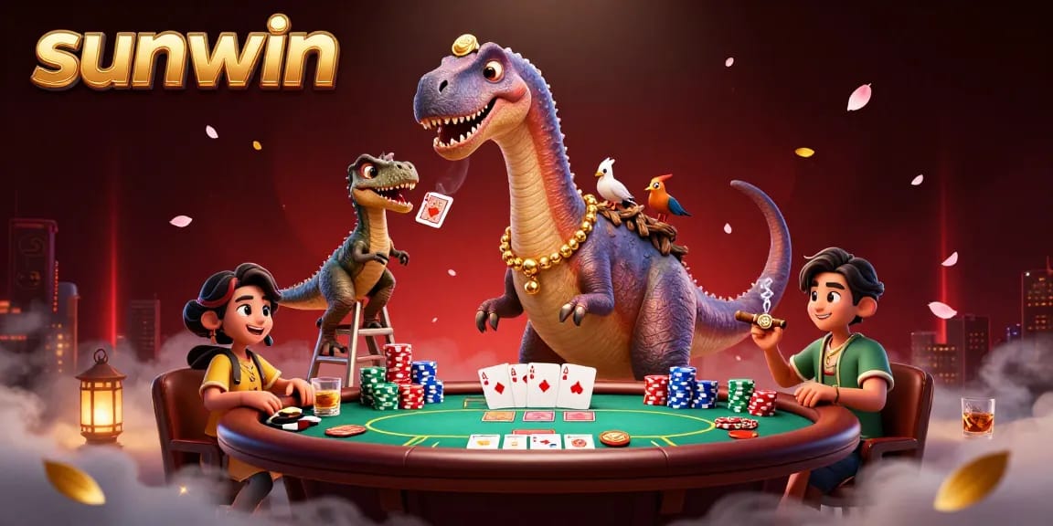 Experience thrilling poker action with sunwin in this vibrant 3D casino scene featuring dynamic characters.