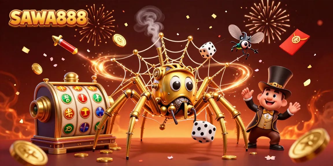 Engage with SAWA888's vibrant 3D steampunk illustration showcasing golden spiders, slot reels, and festive elements.