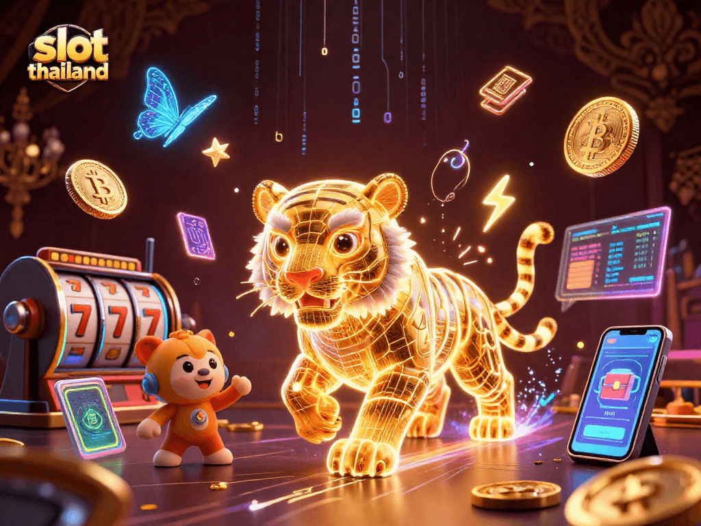 Experience vibrant slot thailand gaming with a golden tiger and crypto elements in a lively casino.