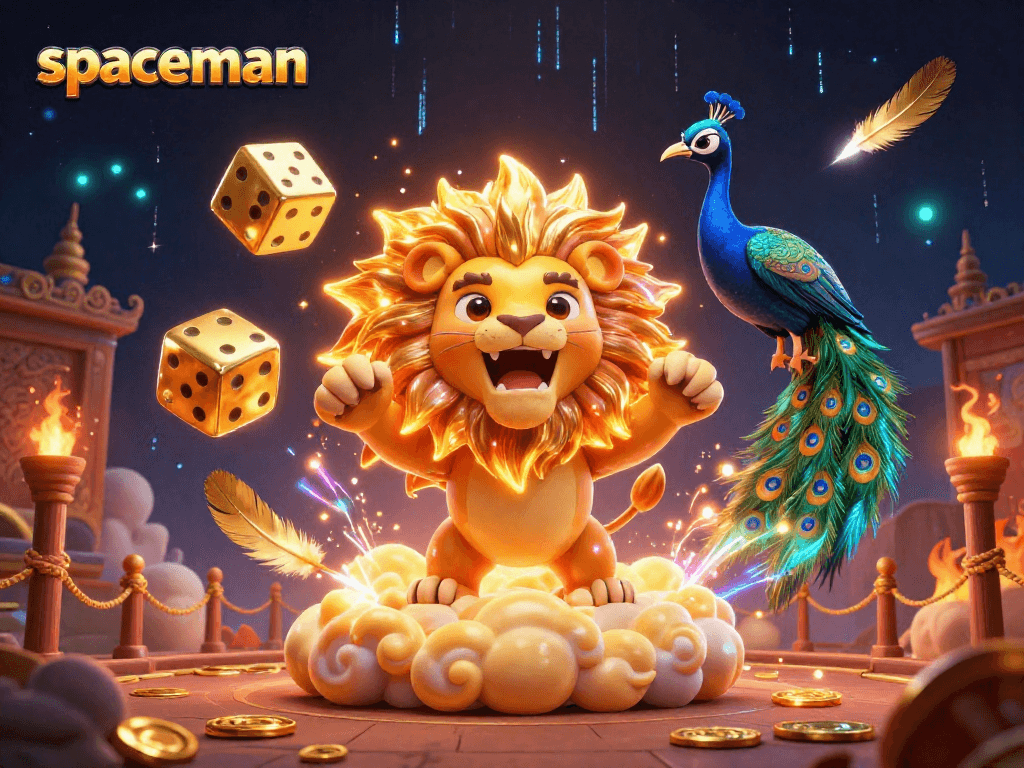Experience excitement with Spaceman as a triumphant sun lion roars amidst golden dice and coins.
