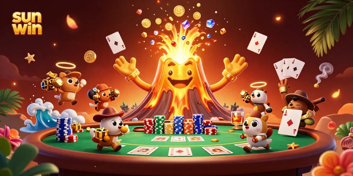 Experience the thrill of sun win with coins and treasure erupting from a golden volcano, embodying the spirit of gaming.