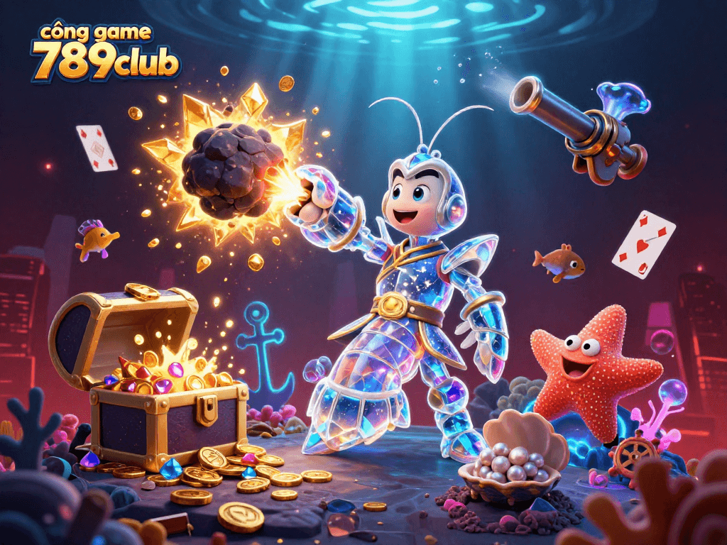 Experience thrilling gaming action with cổng game 789club featuring vibrant 3D underwater casino elements.