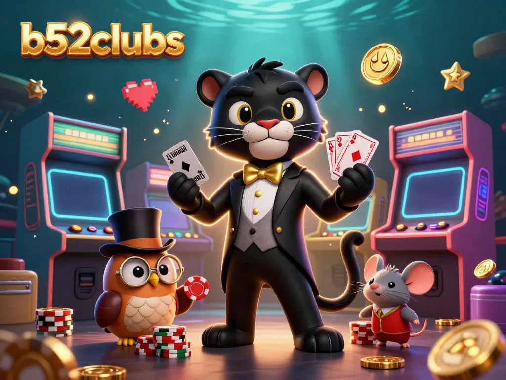 Experience thrilling gameplay at b52clubs with a dynamic scene of a stylish black panther dealing cards surrounded by casino elements.