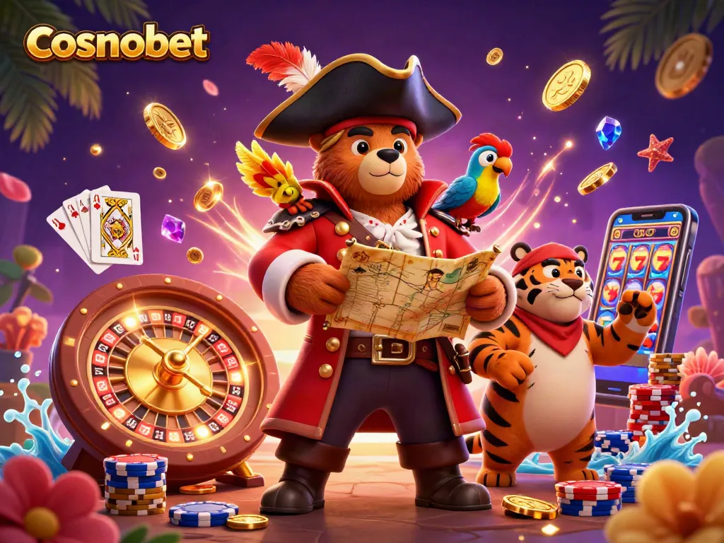 Experience cosmobet with thrilling gaming elements, golden coins, and vibrant characters.