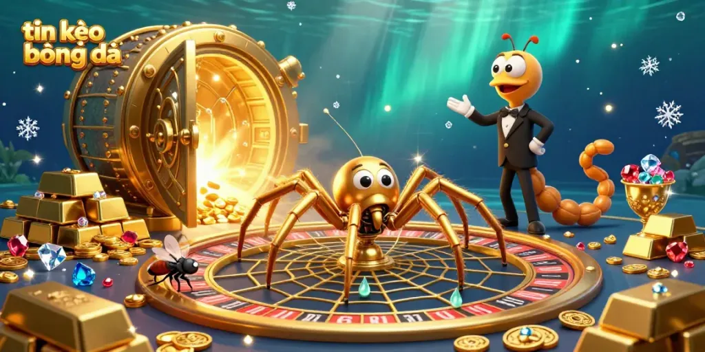 Experience thrilling tin kèo bóng đá action as a golden spider rolls the roulette and a fly bets on the edge.