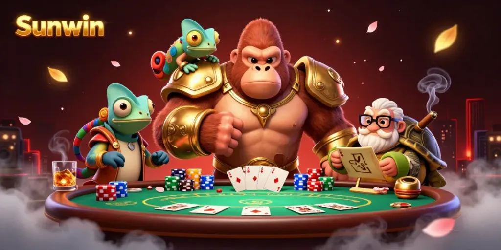 Experience excitement with Sunwin's vibrant casino scene featuring dynamic characters and rich gambling elements.