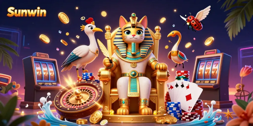 Play thrilling games online with Sunwin's vibrant casino atmosphere filled with gold coins, cards, and action.