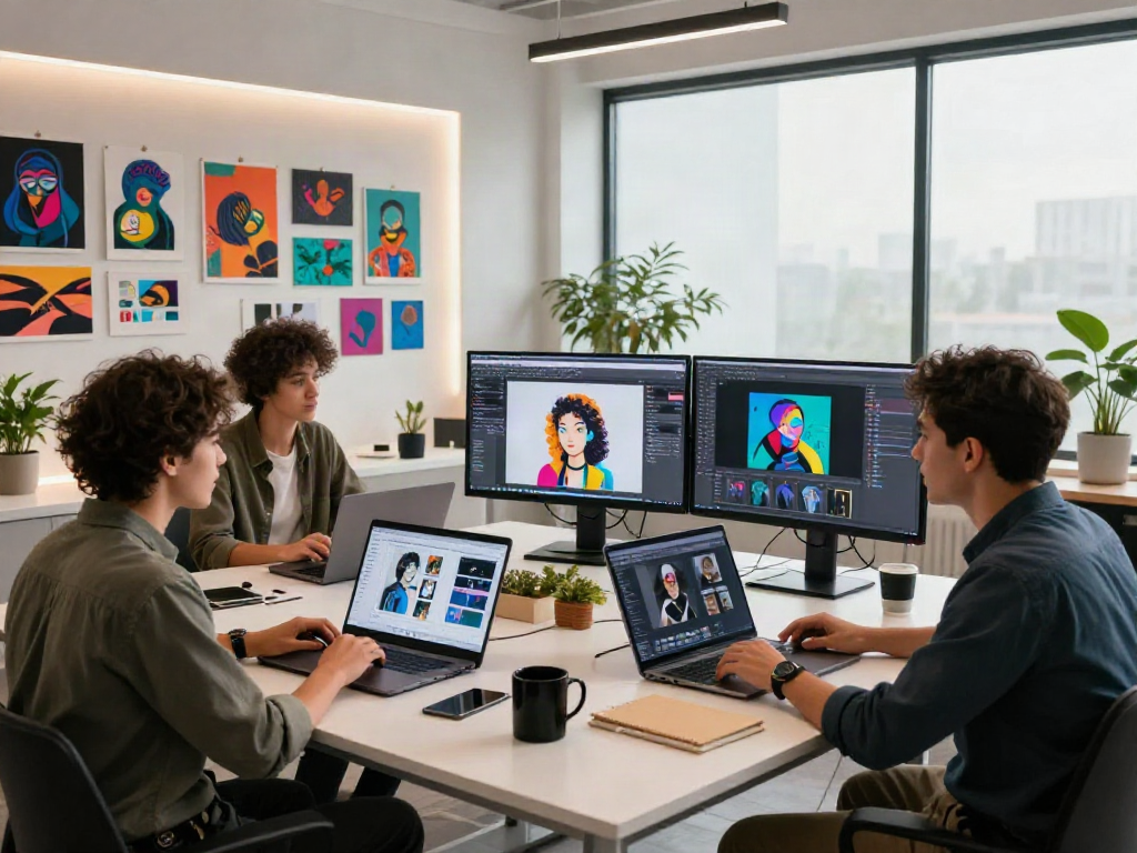Creative studio brainstorming NSFW AI content with diverse professionals.