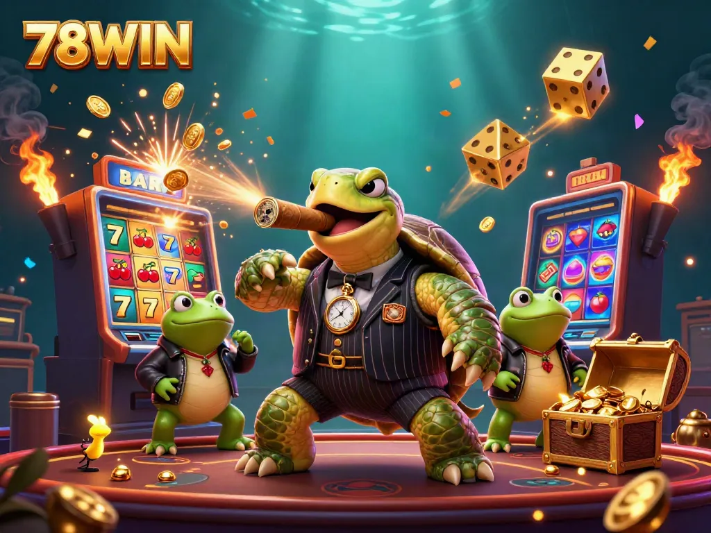 Explore the thrilling atmosphere of 78WIN with a turtle mobster and bullfrog enforcers among dynamic casino elements.