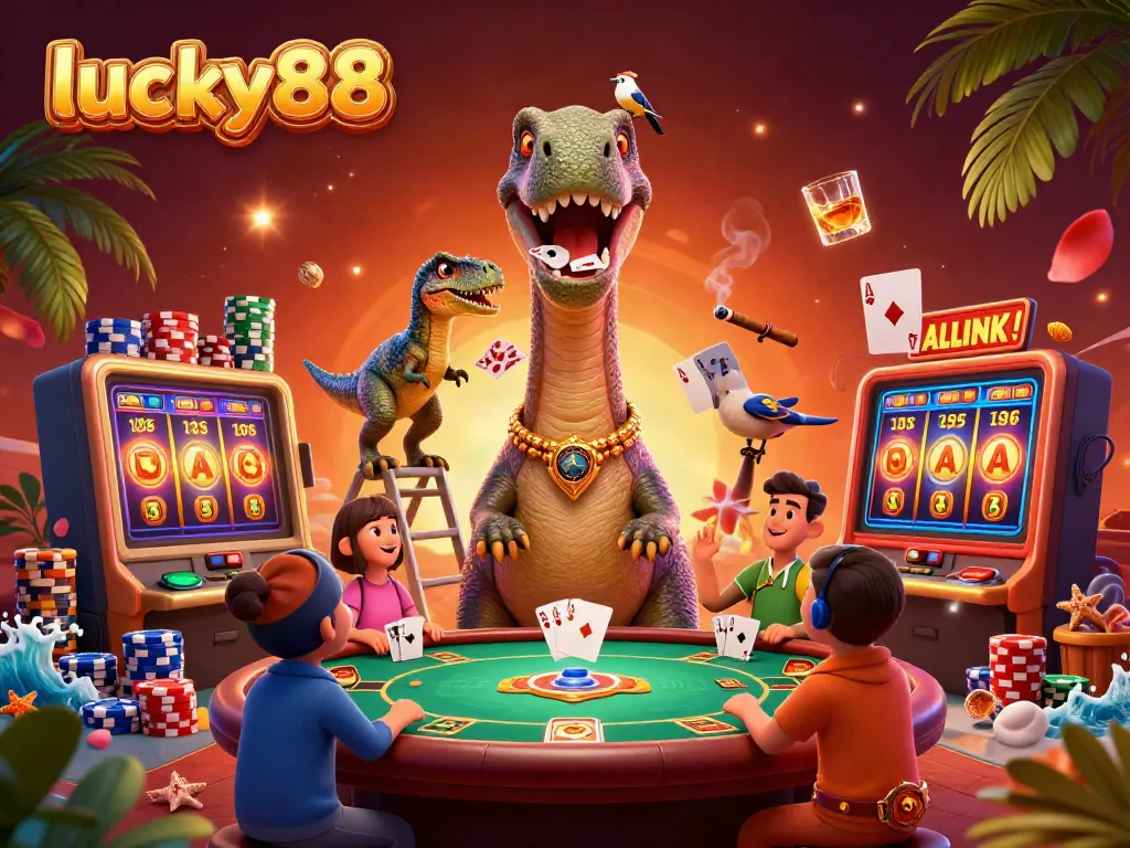 Experience the dynamic lucky88 casino scene with animated dinosaurs and vibrant game elements.