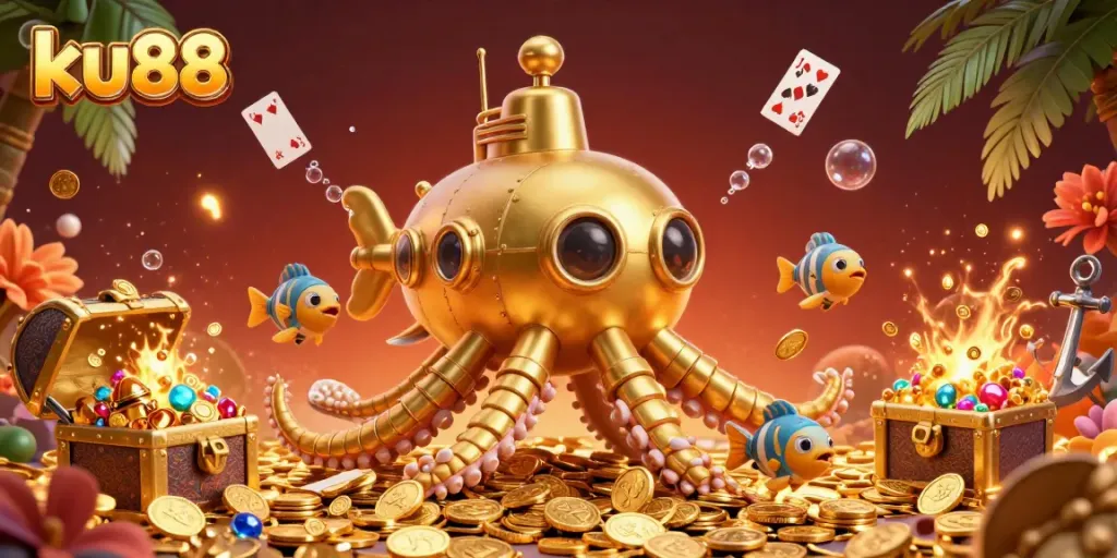 Experience the thrilling world of ku88 with a 3D golden kraken submarine surrounded by treasures and casino elements.