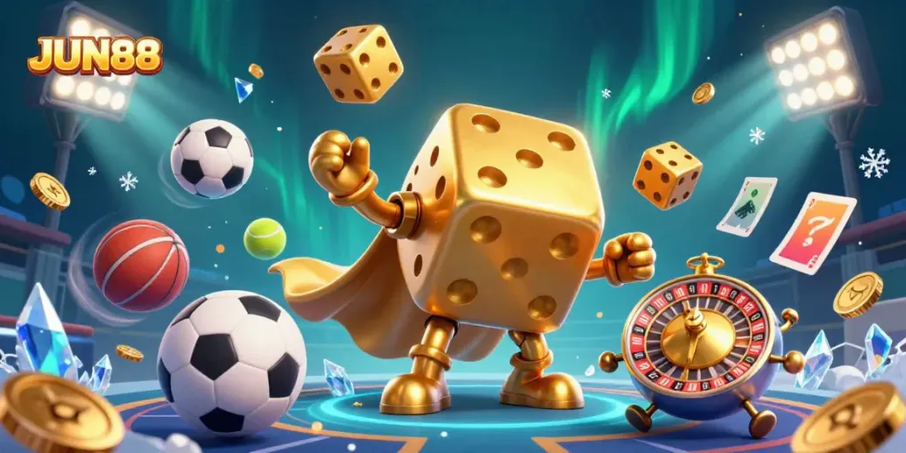 Experience vibrant gameplay at JUN88 with a lively golden dice golem and dynamic sports elements.