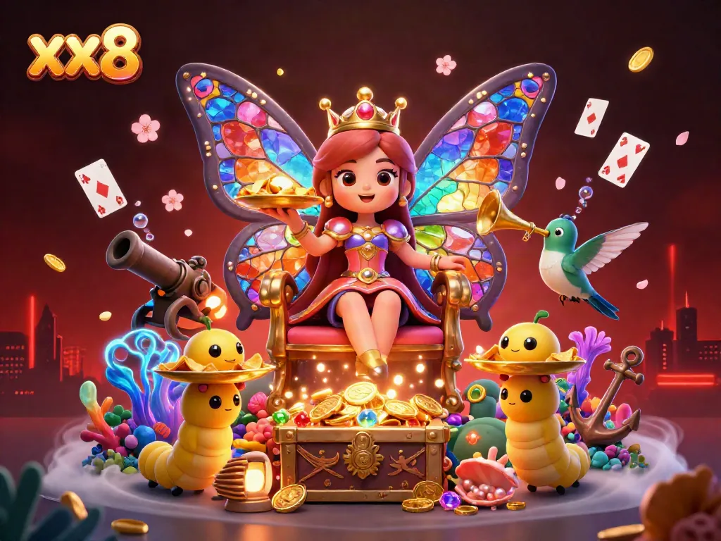 Experience the enchanting xx8 casino realm with a whimsical butterfly queen and dazzling treasures.