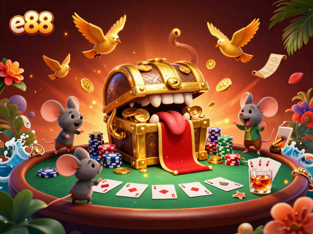 Bet big and win at e88 with vibrant casino elements, treasure chest, and poker action.