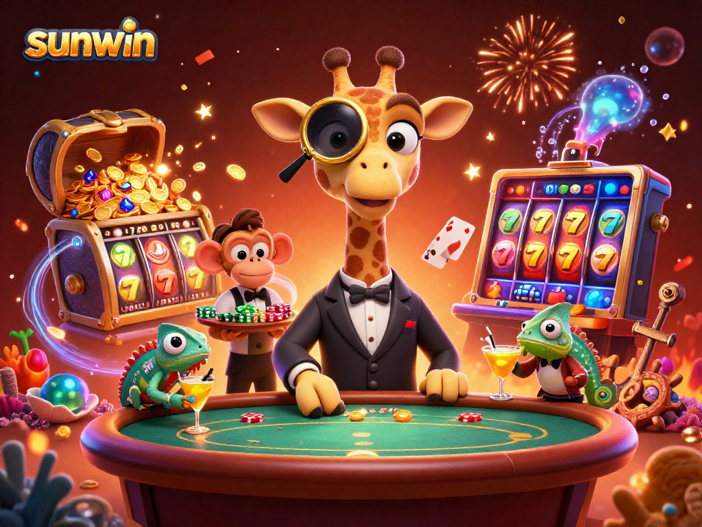 Experience thrilling gameplay with sunwin as a giraffe and friends showcase high-stakes fun at a vibrant poker table.