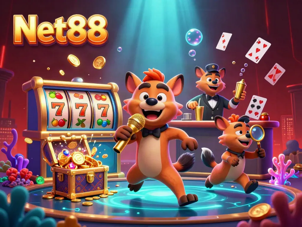 Net88 delivers exciting spins at a comedy-themed casino, filled with vibrant 3D elements and glowing treasures.