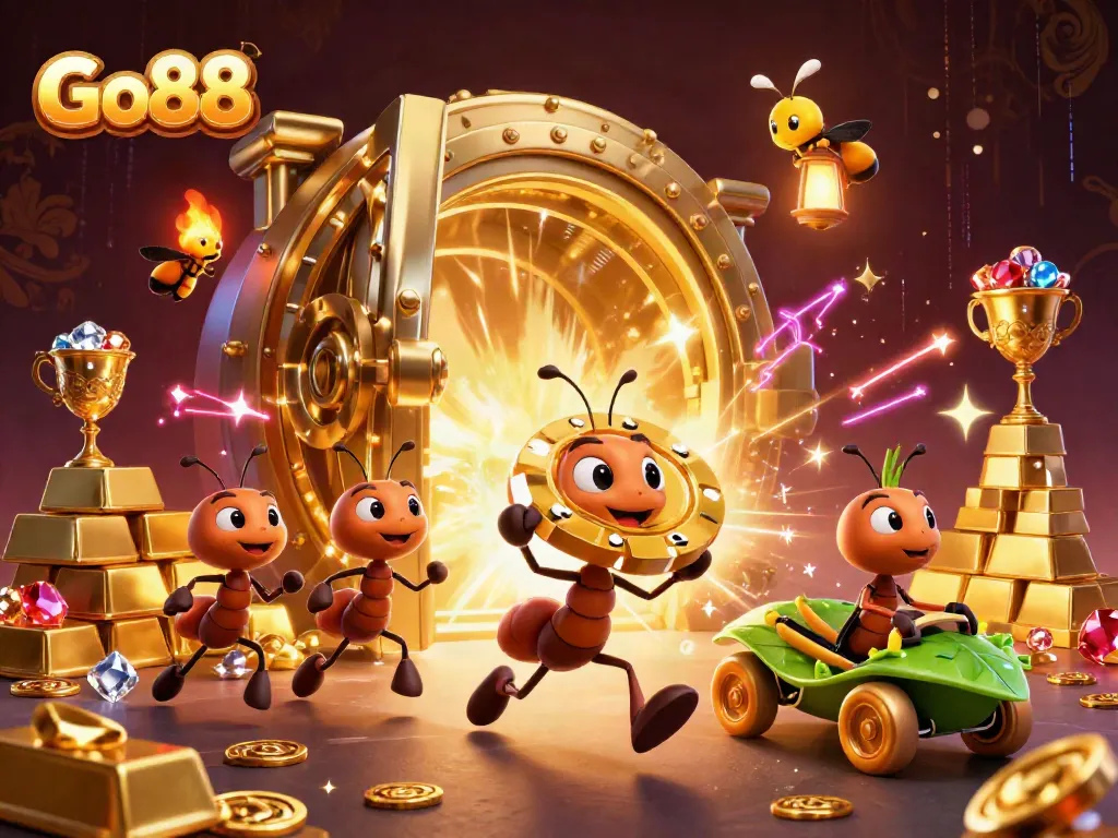 Experience an adventurous Go88 heist as ants steal a giant poker chip amidst dazzling treasures.