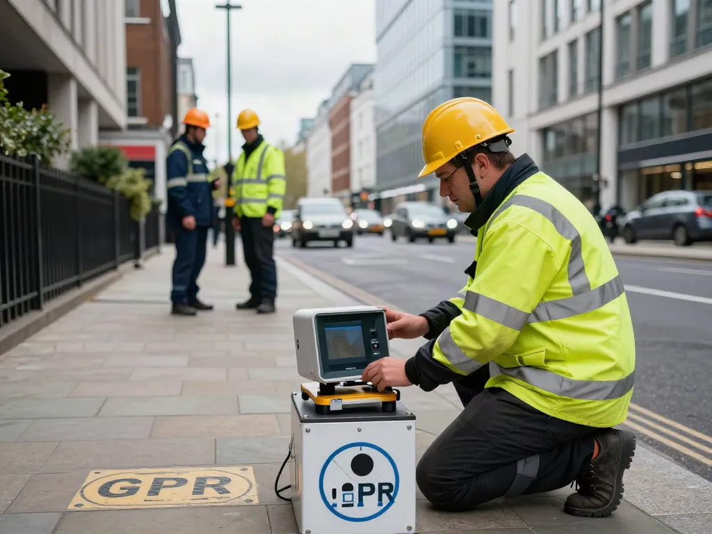 GPR Utility Survey London with a surveyor using Ground Penetrating Radar in urban setting.