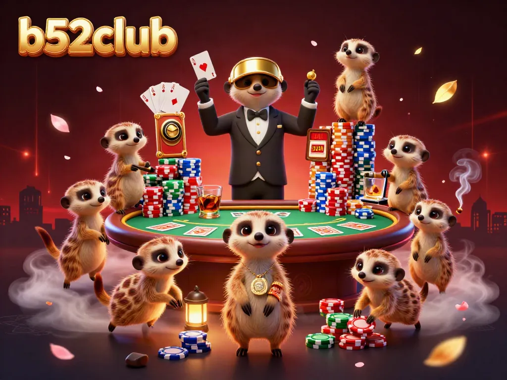 Experience thrilling action at b52club with animated meerkats managing a vibrant casino scene.