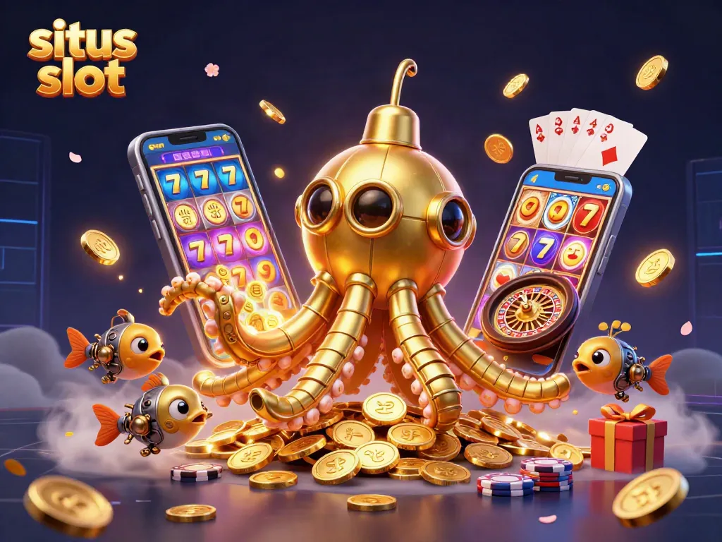 Engage with the dynamic world of situs slot featuring a golden kraken submarine and exciting slot game elements.