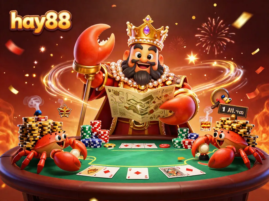 Experience the excitement at hay88 with the golden crab emperor leading the treasure hunt at a vibrant poker table.