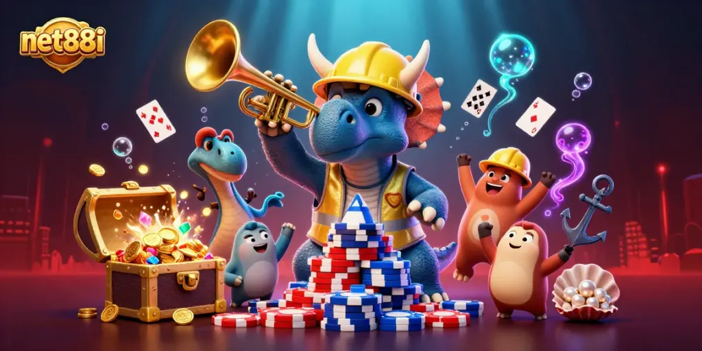 Join the excitement at net88i with a vibrant display of cartoon dinosaurs celebrating with gaming elements!