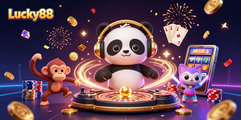 Experience the excitement of Lucky88 with our vibrant 3D casino illustration showcasing dynamic gaming elements.