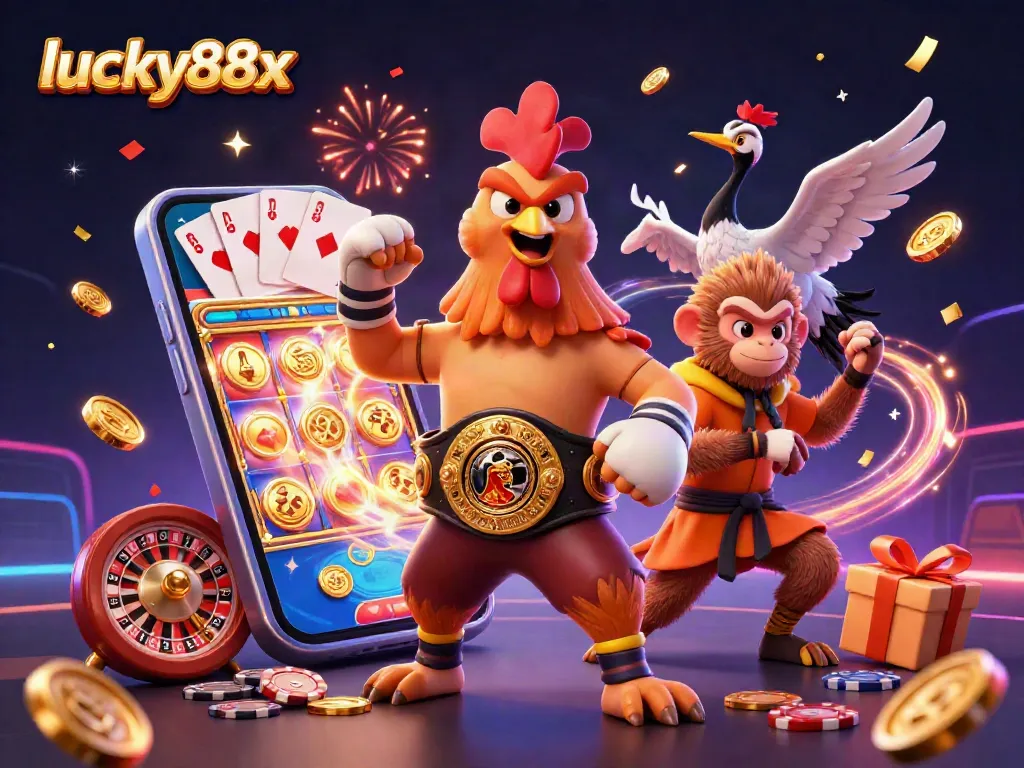 Experience thrilling games at lucky88x with colorful slots, festive characters, and immersive casino elements.