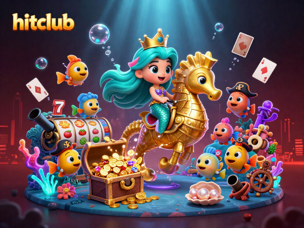 Hitclub's vibrant 3D illustration showcases a mermaid princess amidst slot themes and underwater treasure.