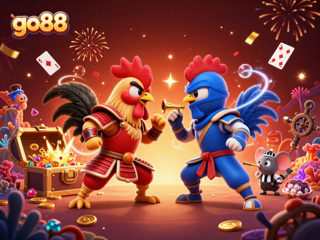 Experience thrilling battles in the vibrant go88 arena featuring unique fighting roosters and casino elements.