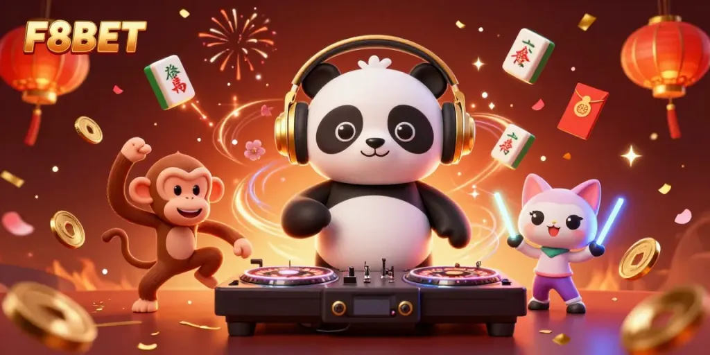 Experience vibrant F8BET online gaming with a DJ panda, dancing monkey, and rave kitten in a festive casino scene.