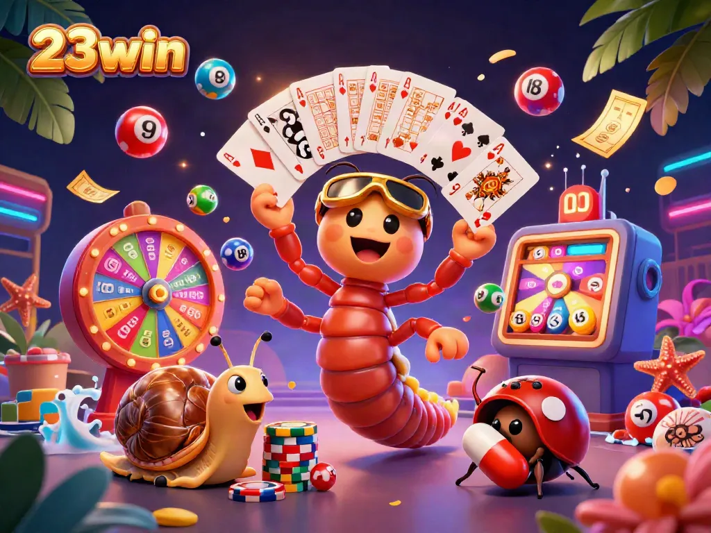 Experience the thrill of 23win in this vibrant 3D casino illustration with a millipede dealer and high-rolling characters.