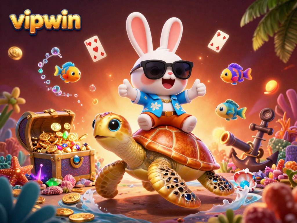 Experience thrilling wins at vipwin with an adorable lucky rabbit and golden sea turtle amidst a vibrant underwater casino scene.