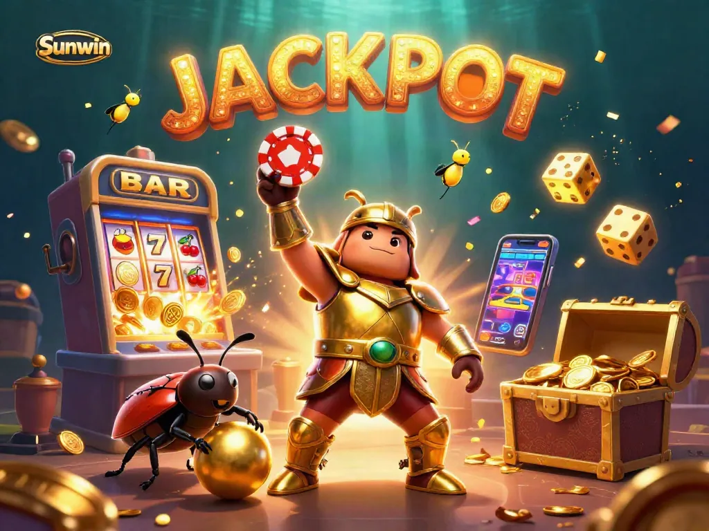Win big with Sunwin in this vibrant, action-packed casino illustration showcasing jackpot elements.