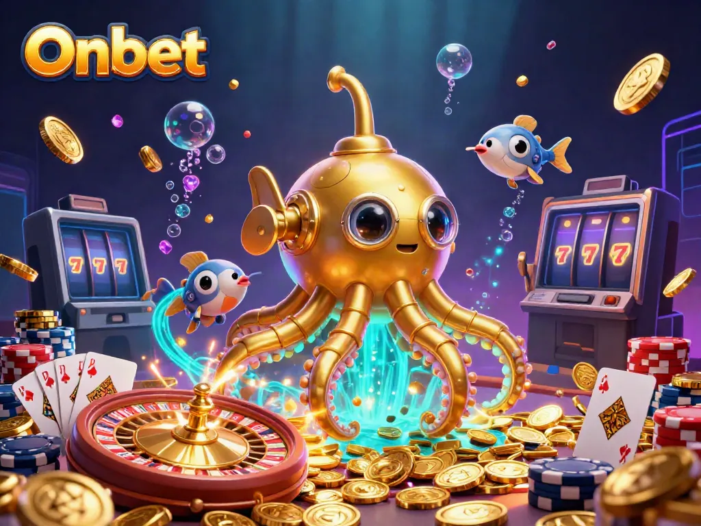 Experience Onbet's gaming adventure through a vibrant scene with an expansive treasure of golden coins.