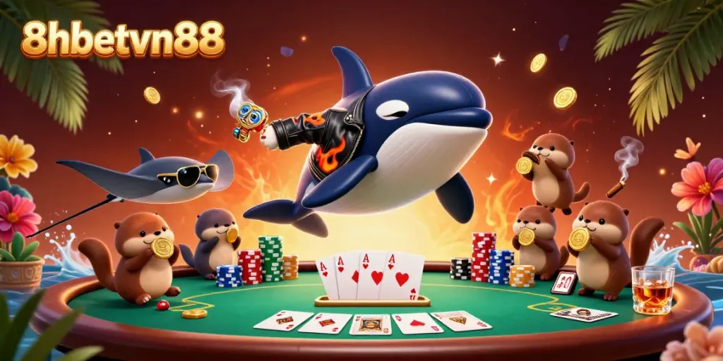 8xbetvn88 engaging cartoon scene with orca and stingray at a vibrant poker table, celebrating wins.