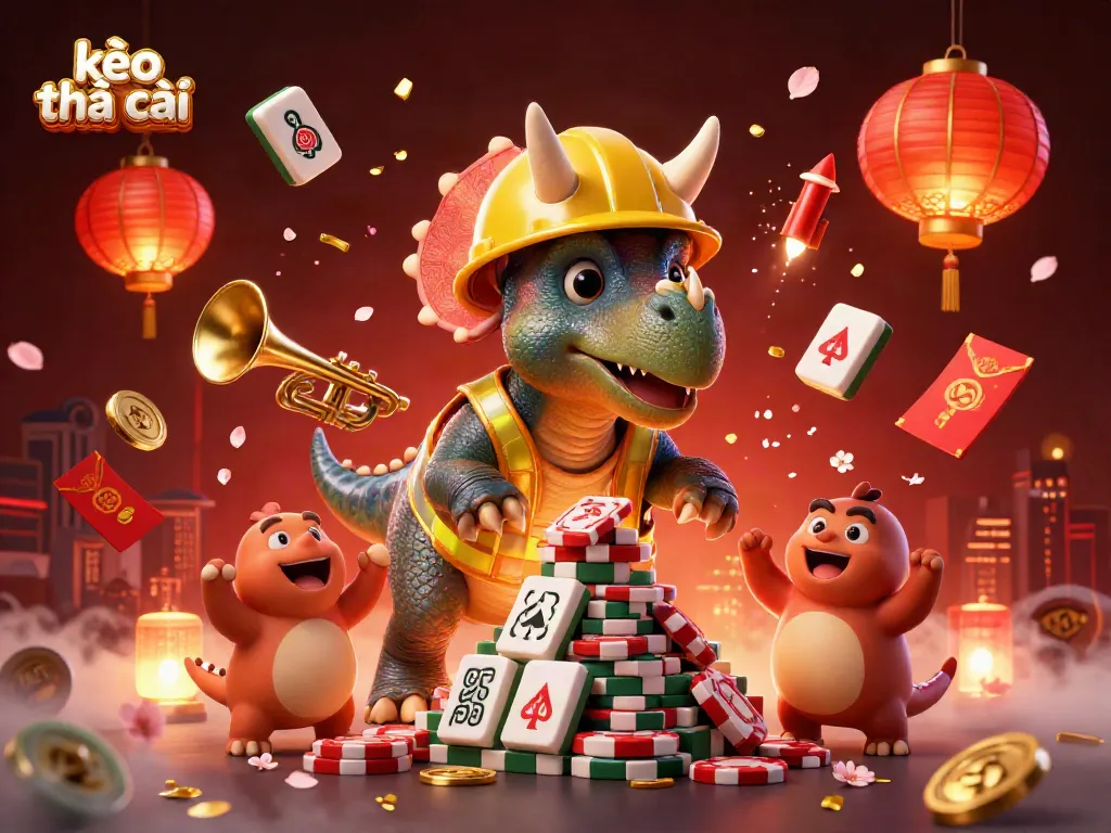 Celebrate kèo nhà cái with a dynamic scene of a triceratops and parasaurolophus amidst poker chips and colorful gambling elements.