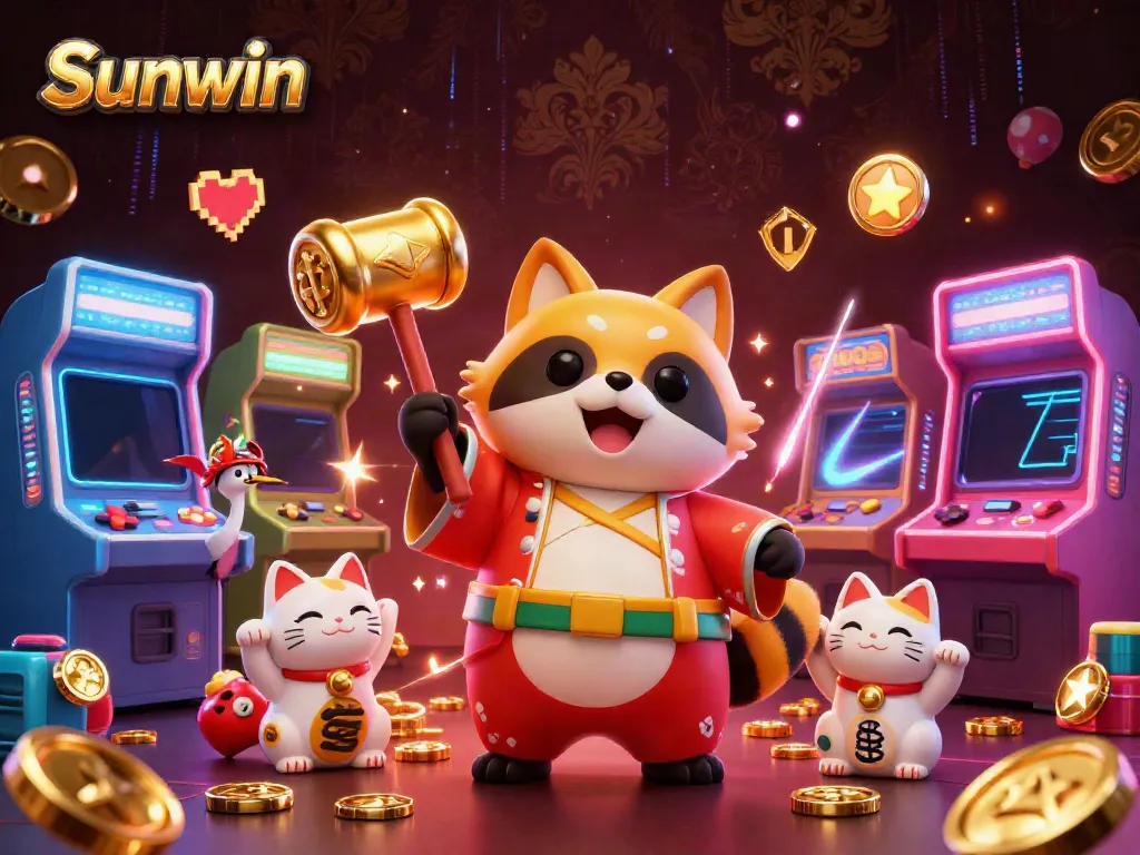 Experience the excitement of Sunwin with a cheerful tanuki and captivating game elements in a vibrant casino illustration.
