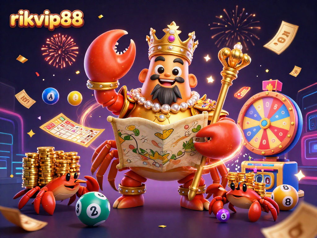 Experience the excitement of rikvip88 with a golden crab emperor amid vibrant casino elements.