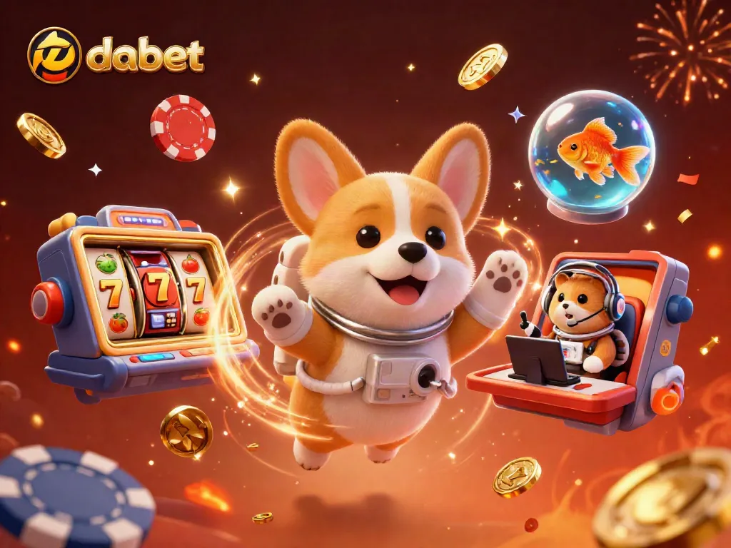 Experience winning at dabet with a festive 3D casino scene featuring slots, characters, and celebratory elements.