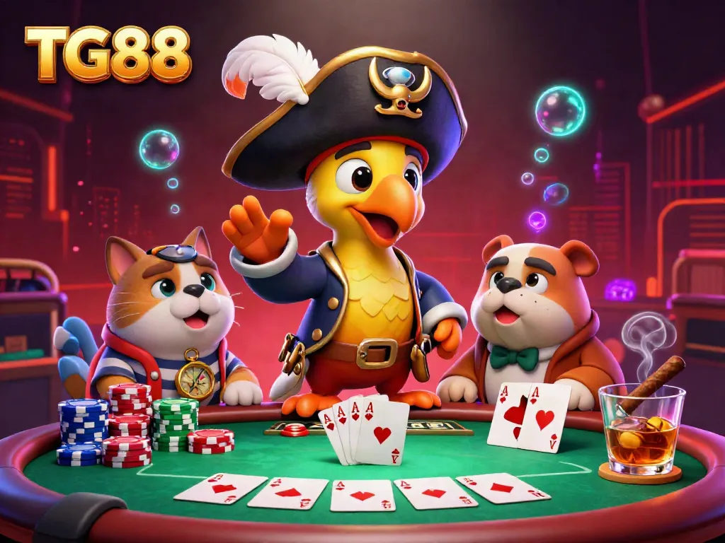 Experience thrilling poker at TG88 with a vibrant 3D casino scene featuring a colorful cartoon pirate and friends.