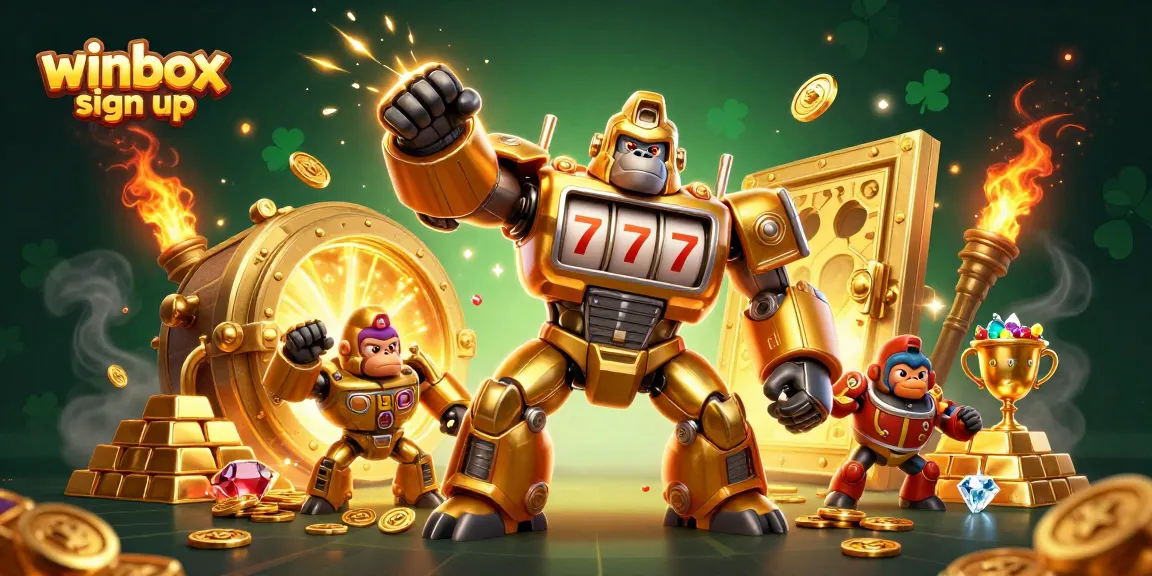 Engage in the thrill of winbox sign up with our dynamic golden gorilla mech and treasure-filled scene.