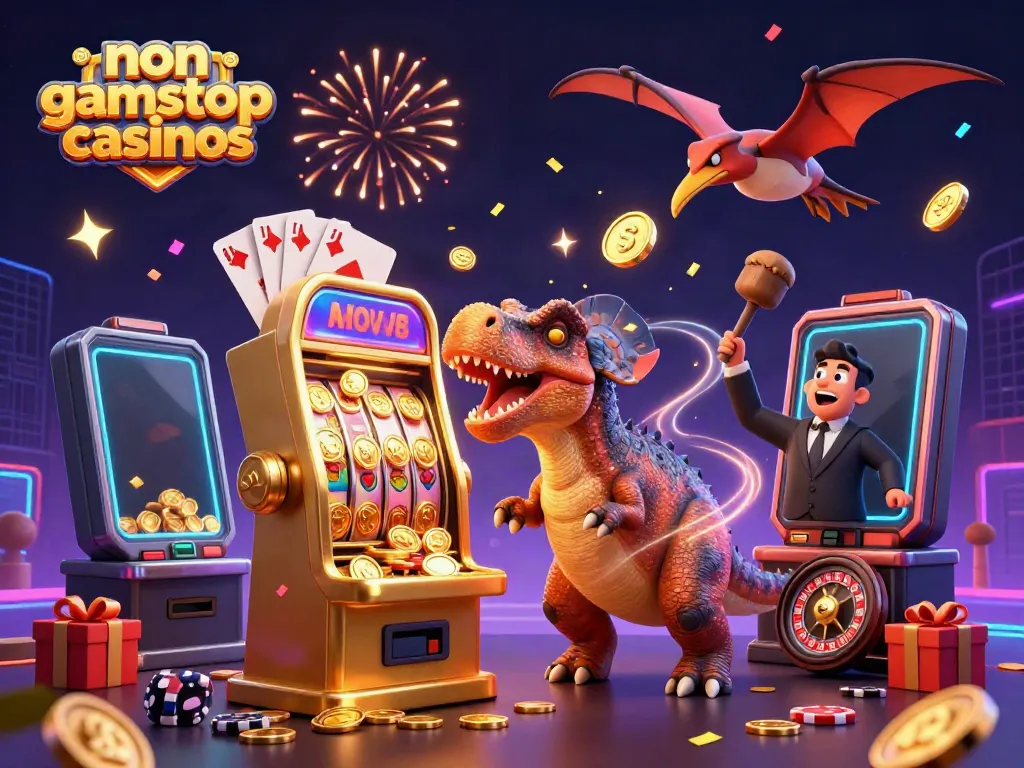Celebrate jackpots with non gamstop casinos featuring a dinosaur, golden coins, and fun casino elements.