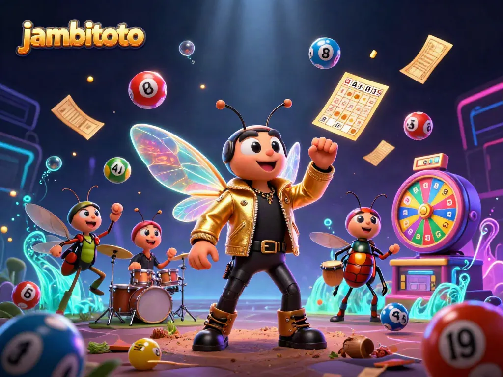 Experience the excitement of jambitoto with a vibrant lottery scene featuring a rock star and dynamic game elements.