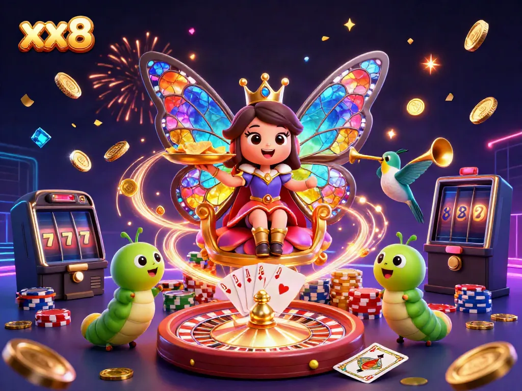 Engaging scene with xx8's butterfly queen and themed casino elements showcasing vibrant gameplay.