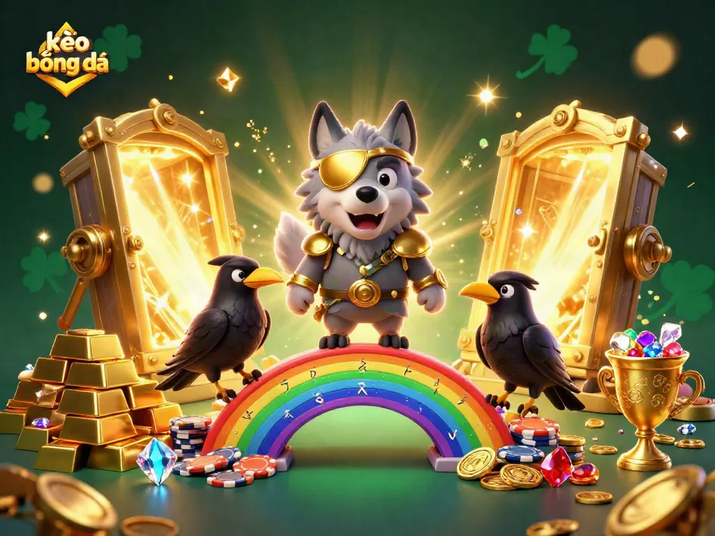 Engage with kèo bóng đá in this vibrant 3D scene featuring mythical Norse characters amidst treasures and casino elements.
